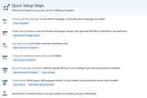 Screenshot: WPEstate Translate admin overview page showing active languages and translation status