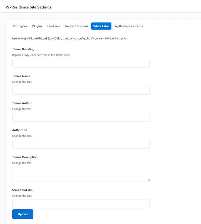 WPResidence White Label panel in WordPress admin showing fields to rename the theme, author, and upload a custom backend logo