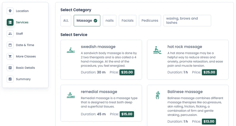 BookingPress front-end booking form showing the Location, Services, Staff and Date and Time steps