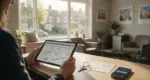 Real estate agent reviewing a weekly property viewing calendar on a tablet in an agency office