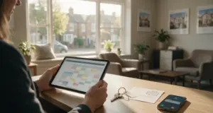 Real estate agent reviewing a weekly property viewing calendar on a tablet in an agency office