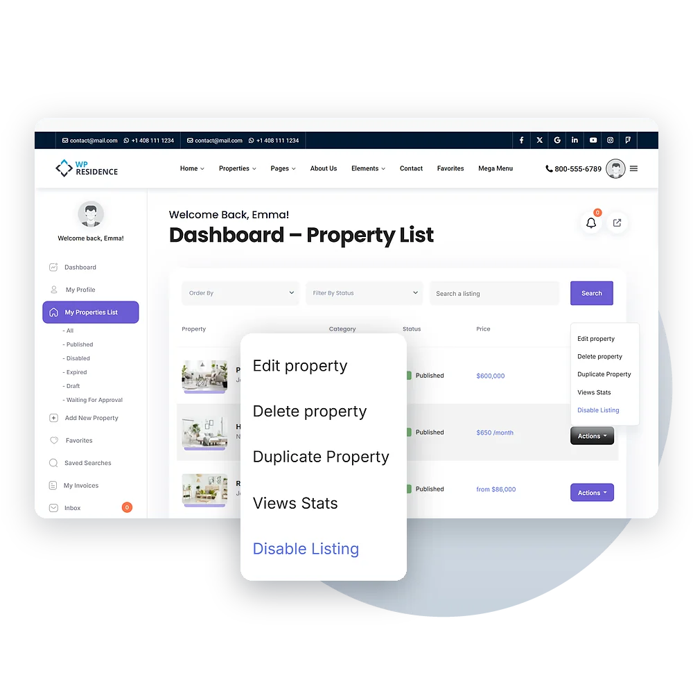 WPResidence dashboard property list with Actions menu: edit, delete, duplicate, views stats, disable listing