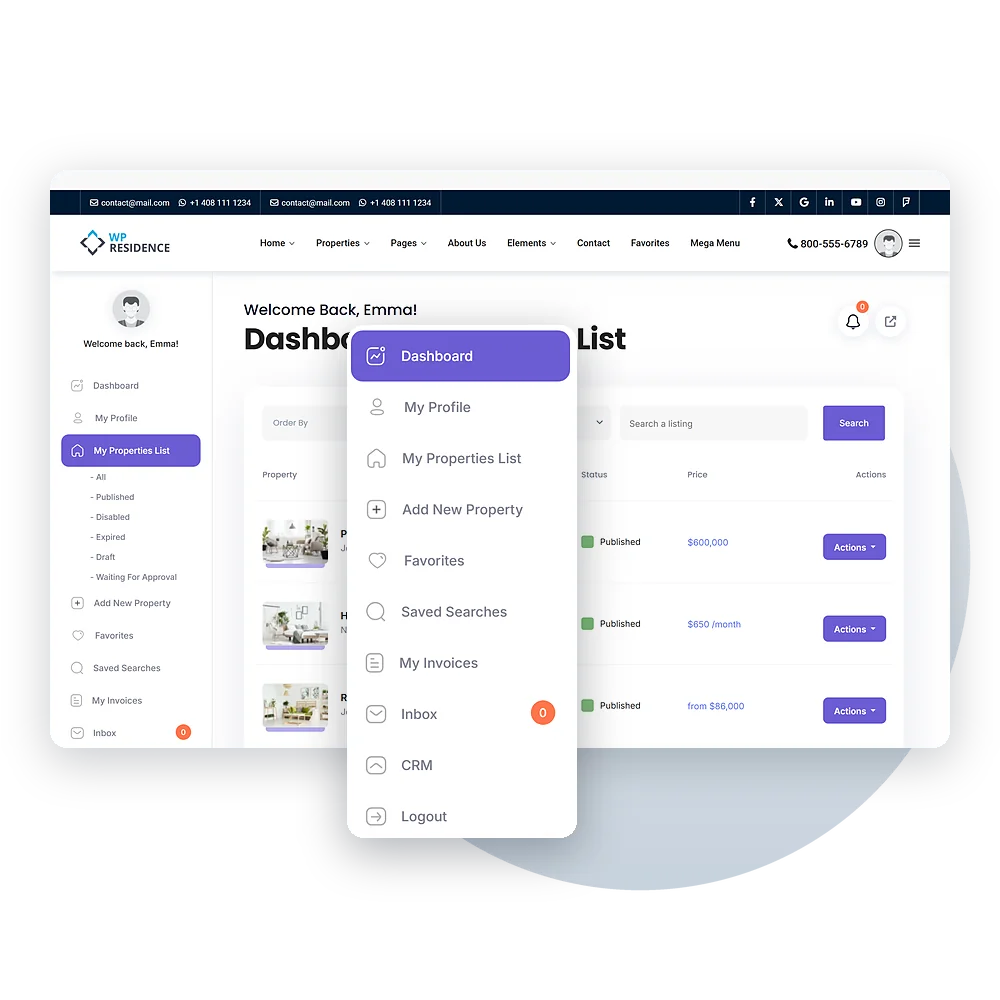 WPResidence user dashboard with property list and dashboard menu
