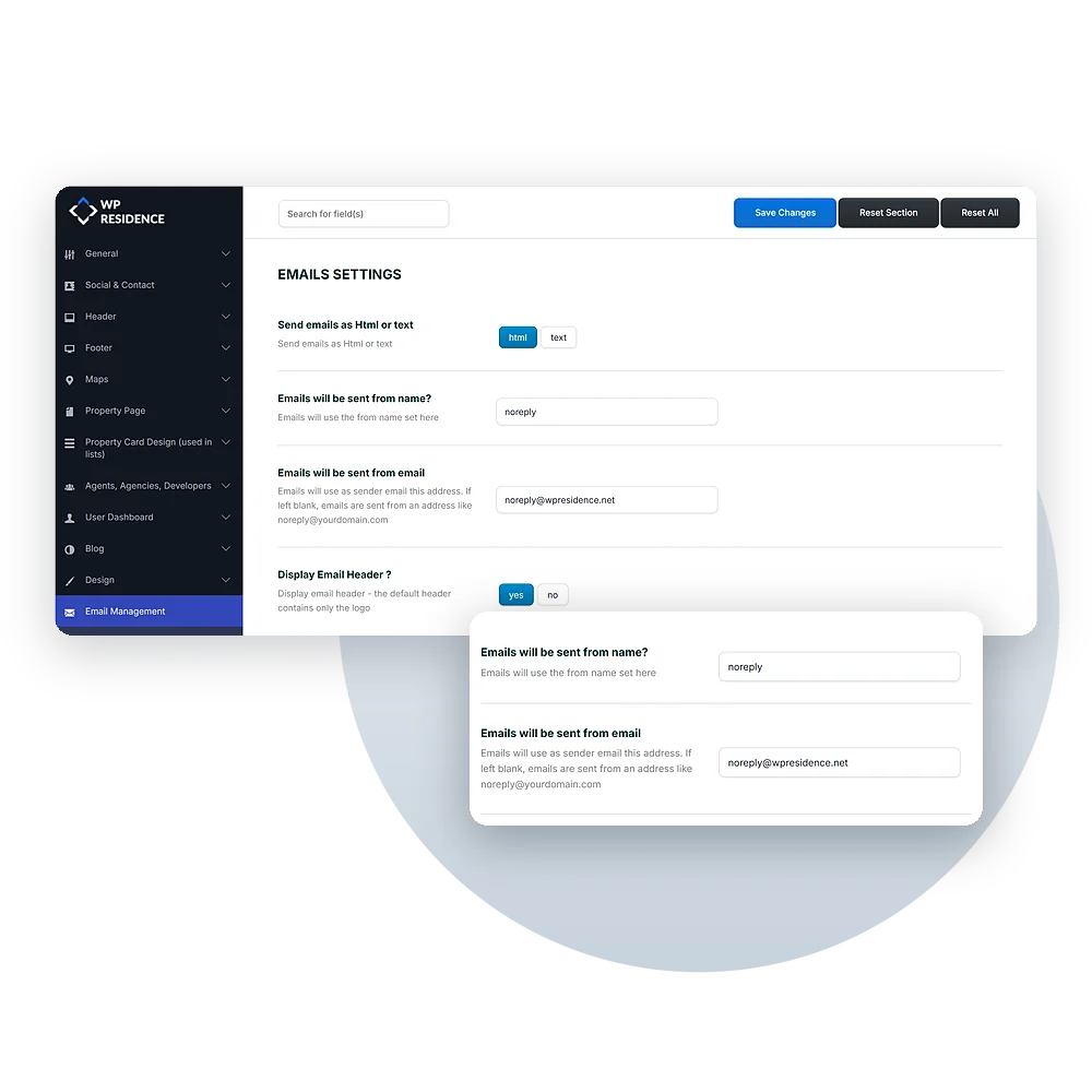 WPResidence email settings with the sender name and sender email address