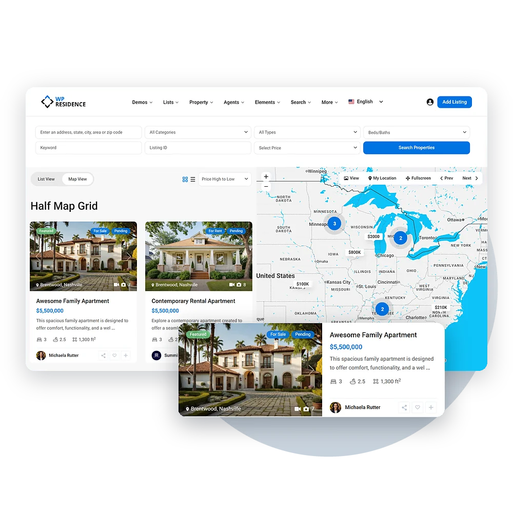 WPResidence half map with grid cards and a list style property card