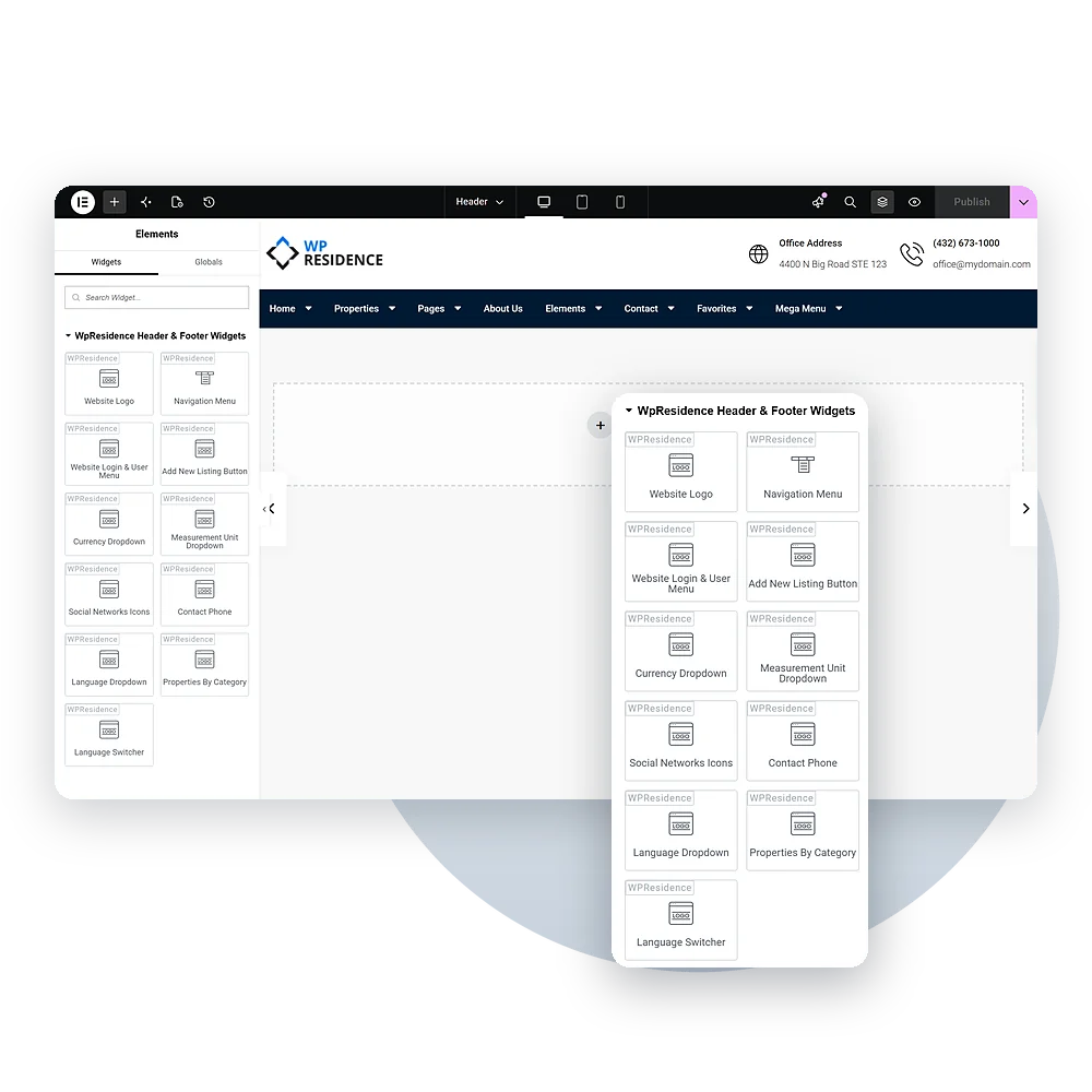Elementor editor building a WPResidence header, with the header and footer widgets panel