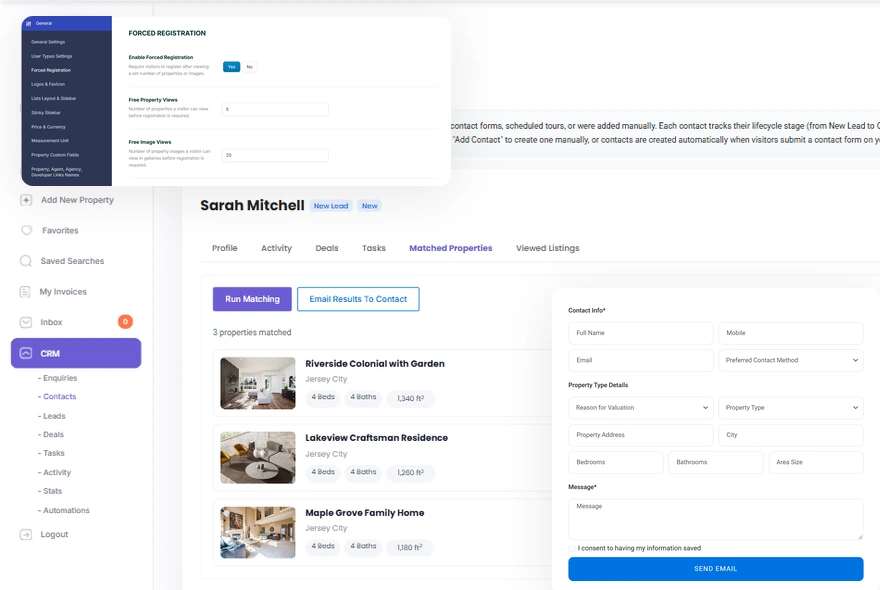 WPResidence CRM matched properties for a lead, with forced registration settings and a valuation form