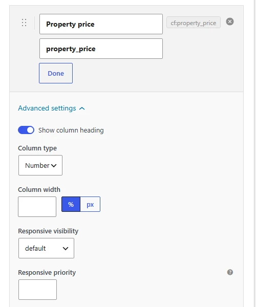 Posts Table Pro advanced column settings for a property_price custom field with Column type set to Number