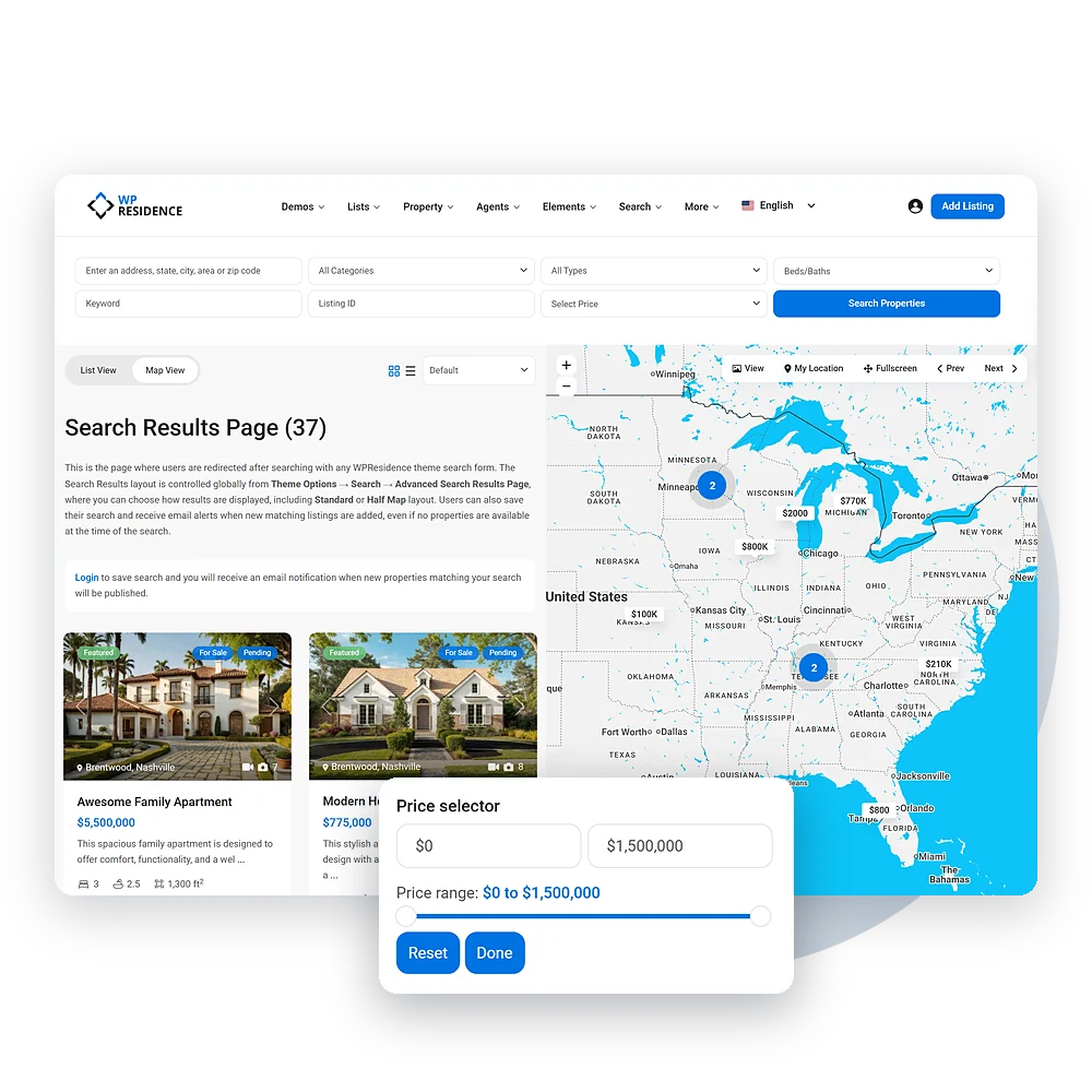 WPResidence search results page with filters and price range selector