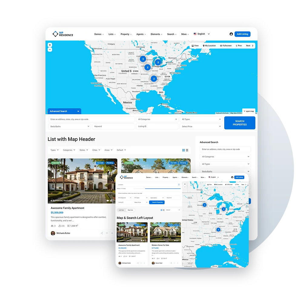 WPResidence standard search results with map header and the half map layout