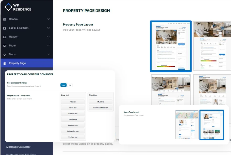 WPResidence Theme Options: property page layouts, property card composer and agent page layouts
